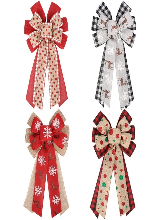 Lucleag 4PCS Christmas Wreath Bow, 7.9 x 13.0 Inches Large Buffalo Plaid Snowflake Deer Linen Christmas Bow for Xmas Decor, Wreath Bow for Indoor Outdoor Wall Tree Christmas Decorations Gift Decor - Image 1